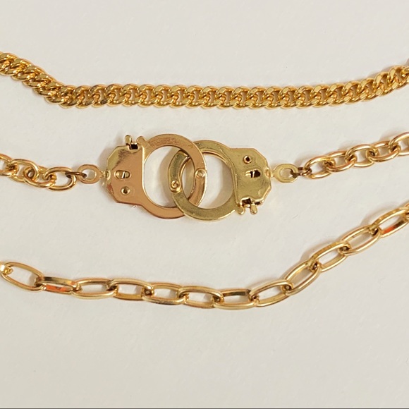 Gold gun handcuffs metal triple hanging straps chain clip belt keys pants wallet - Picture 3 of 5